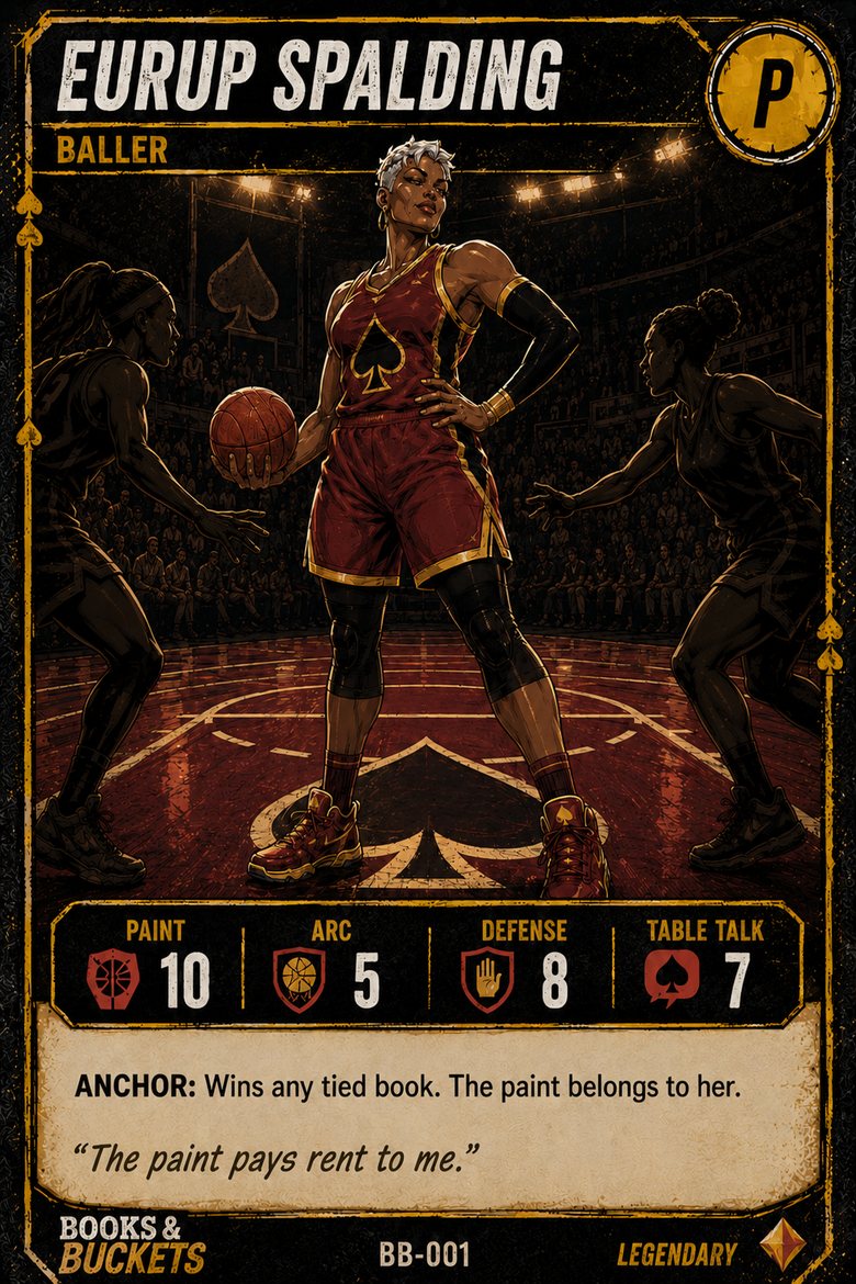 Eurup Spalding card, BB-001, The Post. Ability: Anchor, wins any tied book.