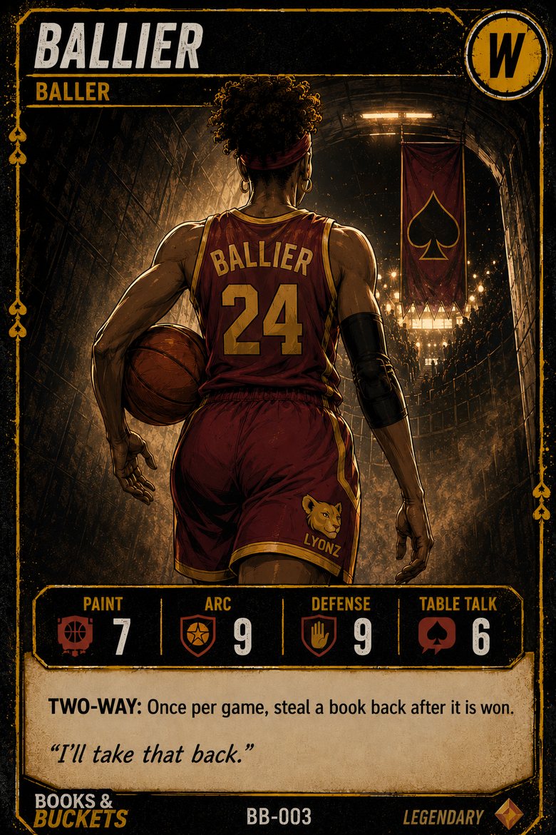 Ballier, The Wing, Minnesota Lyonz. Card BB-003. Ability: Two-Way, once per game steal a book back after it is won.