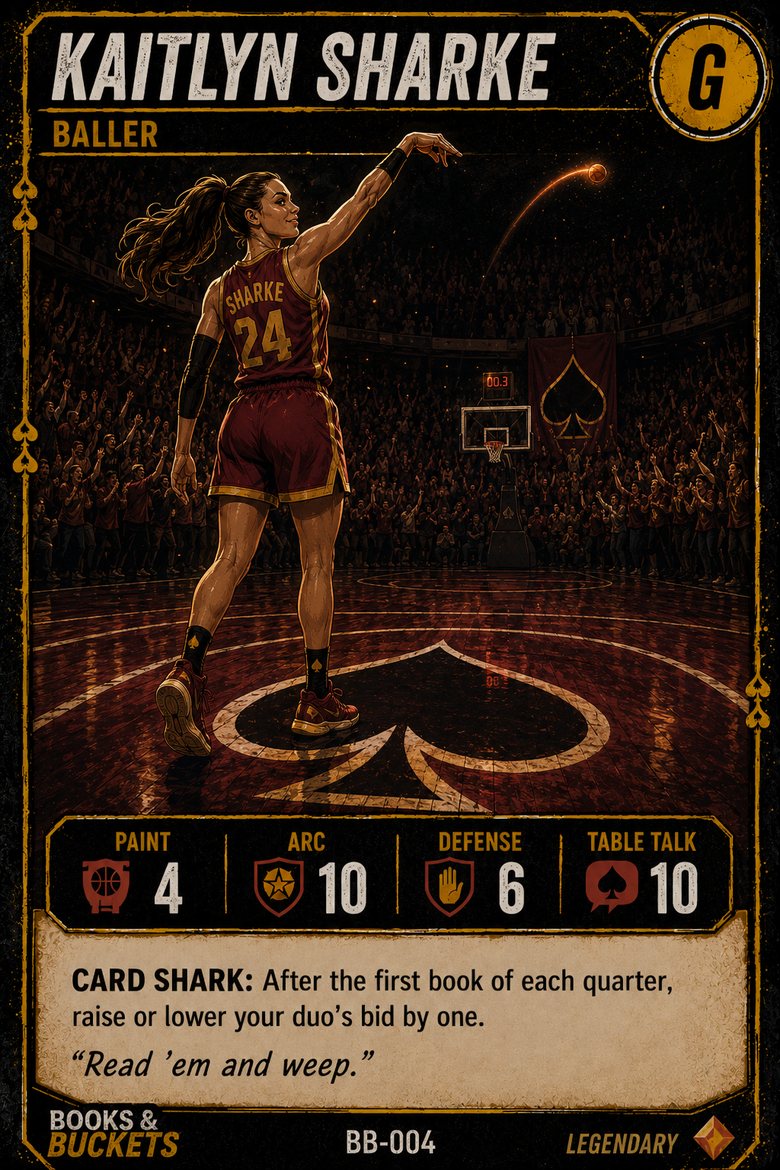 Kaitlyn Sharke, The Guard. Card BB-004. Ability: Card Shark, after the first book of each quarter raise or lower your duo's bid by one.